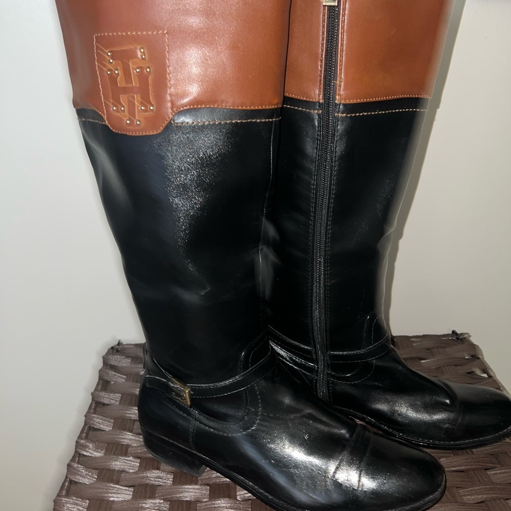 Tommy Hilfiger, Black and Brown Two-Tone Leather Riding Boots